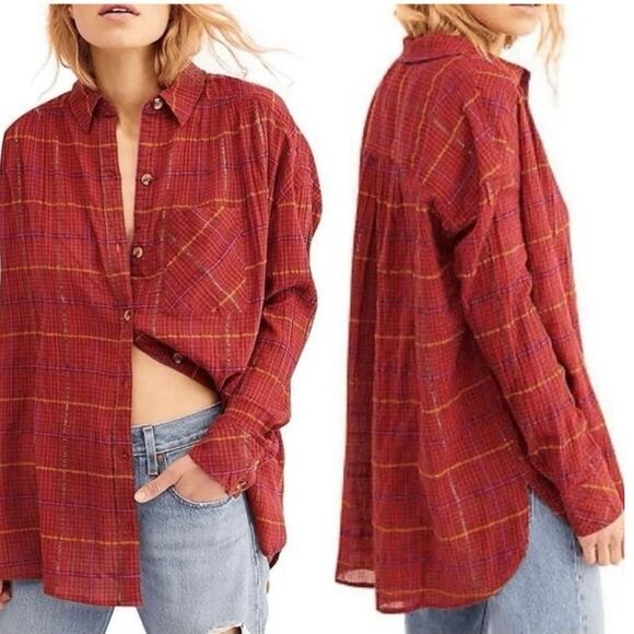 Free People Break My Stride Button Down Plaid Shirt Oversized Slouchy XS NWT New - Picture 1 of 7